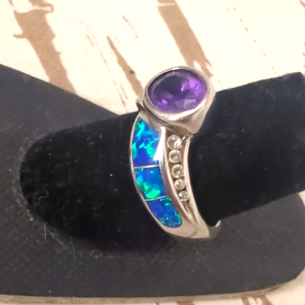 Vintage Sterling Silver Amethyst & Opal Inlay Ring – Size [ 6 ] - Picture 3 of 7